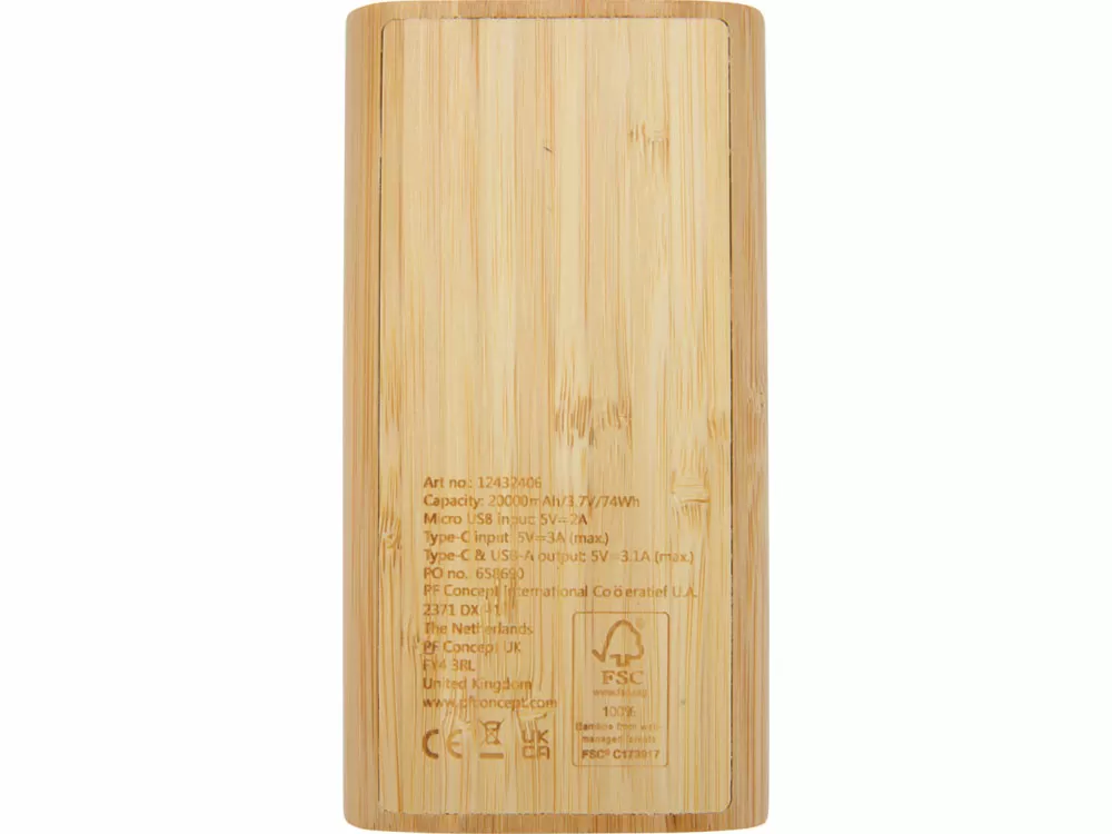 Портативное зарядное устройство Tulda из бамбука, 20000 mAh