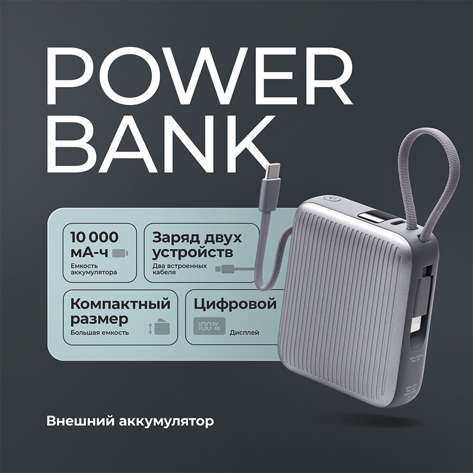 Внешний АКБ NRG Turbo Cable 10000 mAh, 22,5Вт